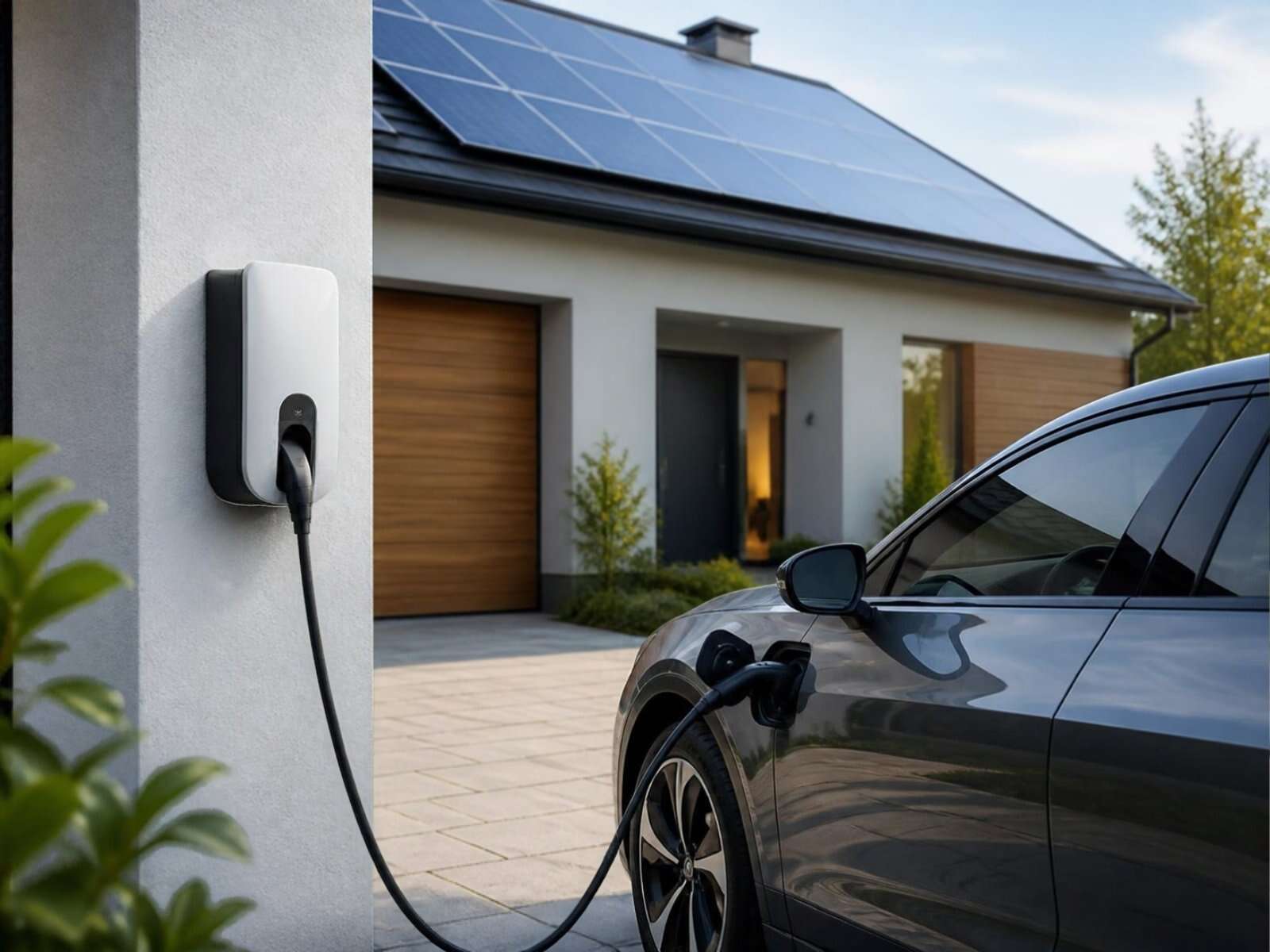 Stație de încărcare pentru acasă montată pe peretele casei, cu mașina electrică conectată și panouri fotovoltaice pe acoperiș